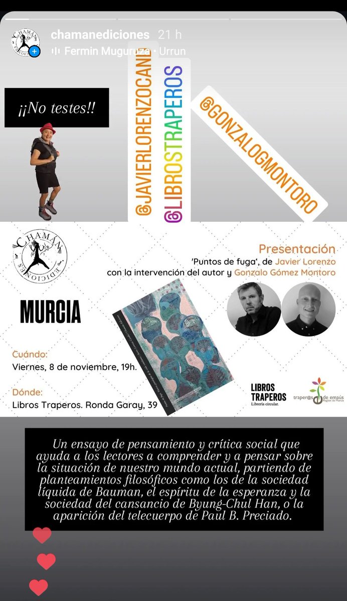 Próximo viernes 8: en <a href="/librostraperos/">Libros Traperos</a> #Murcia
"Puntos de fuga. Nuevas patologías de la vida cotidiana", de @JavierLorenzoC2 / con <a href="/GonzaloGMontoro/">Gonzalo Gómez</a> 
#filosofía #pensamiento #críticasocial #Murciacultural