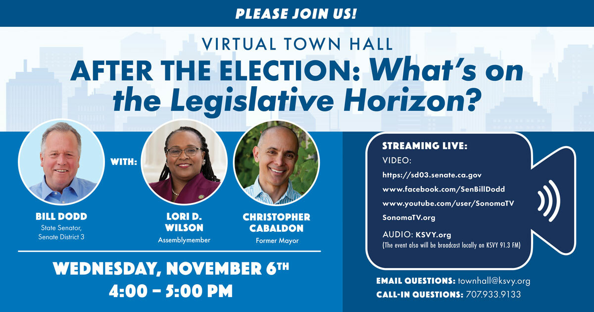 Senator Bill Dodd (@senbilldodd) on Twitter photo California will always stand up for democracy! Join us today at 4 p.m. when we discus the way forward after the election.
@mayorcabaldon <a href="/AsmLoriDWilson/">Assemblywoman Lori D. Wilson</a> <a href="/KSVYsonoma/">KSVY Sonoma 91.3 FM</a>
sd03.senate.ca.gov California will always stand up for democracy! Join us today at 4 p.m. when we discus the way forward after the election.
@mayorcabaldon <a href="/AsmLoriDWilson/">Assemblywoman Lori D. Wilson</a> <a href="/KSVYsonoma/">KSVY Sonoma 91.3 FM</a>
sd03.senate.ca.gov