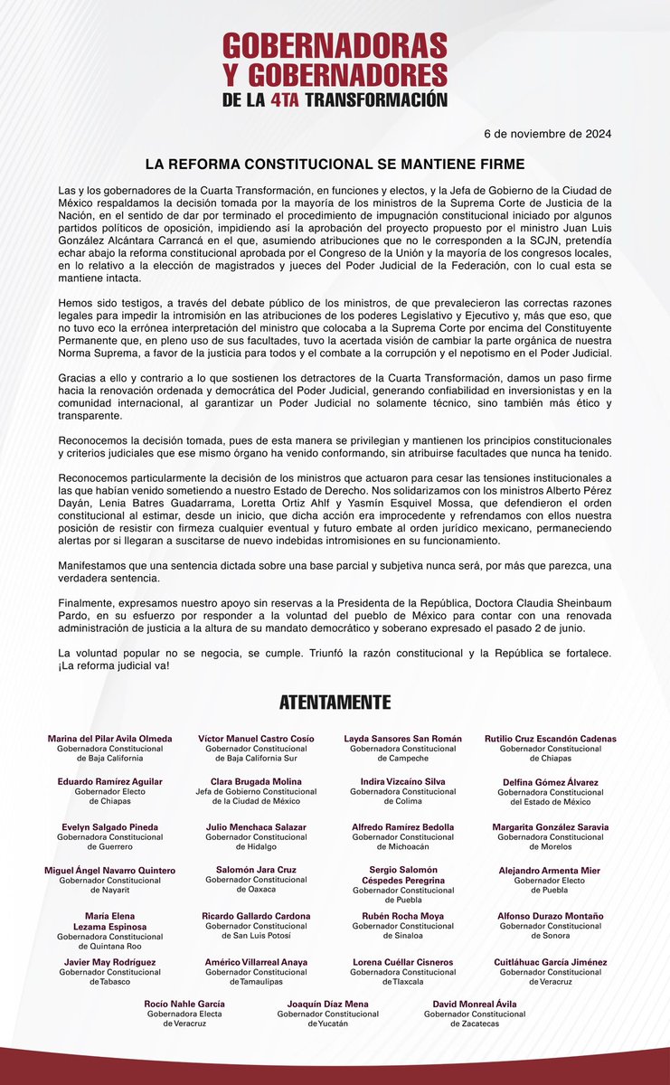 ramirezlalo_'s tweet photo. Las y los gobernadores de la Cuarta Transformación, en funciones y electos, y la Jefa de Gobierno de la Ciudad de
México respaldamos la decisión tomada por la mayoría de los ministros de la Suprema Corte de Justicia de la Nación. https://t.co/yua6FOXLVu