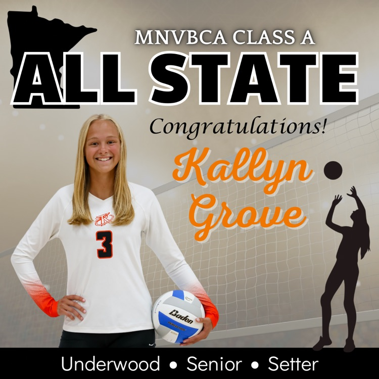 Congratulations to Underwood Volleyball player, Kallyn Grove, on being selected MNVBCA Class A All State! We are so proud of you! 🚀🏐