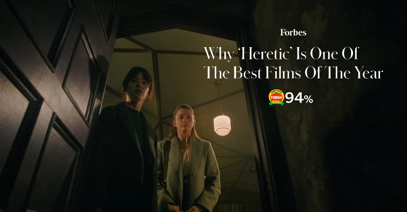 hereticmovie's tweet photo. "AN ABSOLUTE MUST-SEE. #HereticMovie is on of the best horror movies of the year. " From A24 and the creators of A Quiet Place, 🍅94% on Certified Fresh Rotten Tomatoes and in theaters everywhere Friday. Get tickets now.
