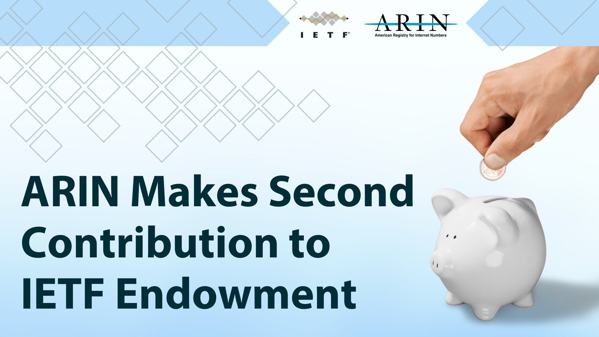 TeamARIN's tweet photo. ARIN’s second contribution of $1 million was made to the @ietf Endowment today, reflecting the steadfast commitment by the ARIN community to the Internet protocols and related work of the IETF. Read more on the blog: https://t.co/Jj3WhJqXCv https://t.co/2NqW7iATxX