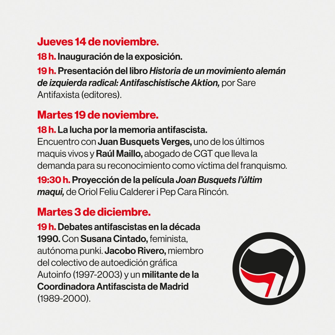 Del 14.11 al 13.12 expo ‘Antifa Madrid. 1990-2000, una década de #Agitprop’. #14N a las 18h presentación y a las 19h el libro 'Historia del un movimiento alemán de izquierda radical: Acción Antifascista', de <a href="/Antifaxismoa/">Sare Antifaxista</a>. Organiza <a href="/FAnselmoLorenzo/">FAL</a>, colabora <a href="/FundacioSegui/">F Salvador Seguí</a>.
