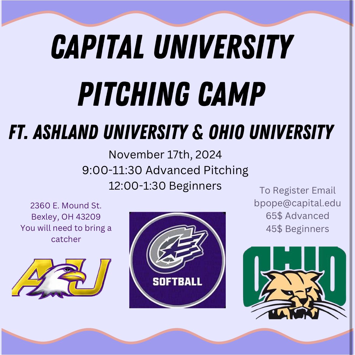 🔮Capital Pitching Camp
📆 November 17, 2024
📍(name of Facility)
65$ Advanced: 9:00-11:30
45$ Beginners: 12-1:30

Email:bpope@capital.edu