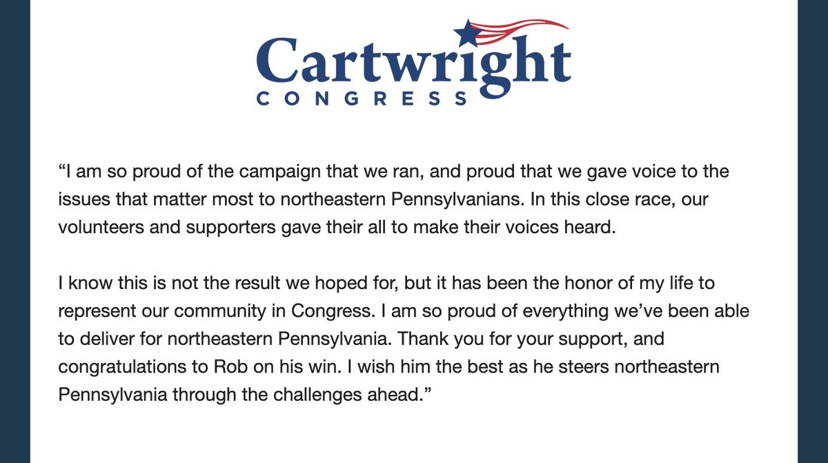 It's been the honor of my life to serve northeastern Pennsylvania for over a decade. My statement on the election results below ⬇️