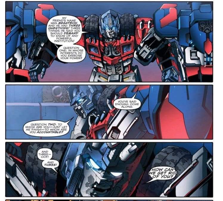 JepPatterson's tweet photo. People always wonder why I am a huge Megatron Fan , this is why, he questioned if his rulers should be rulers,  and though he lost his way he set up 3 questions we should always ask, especially right now. And even Prime remembers to ask them . https://t.co/j2sNDqp703