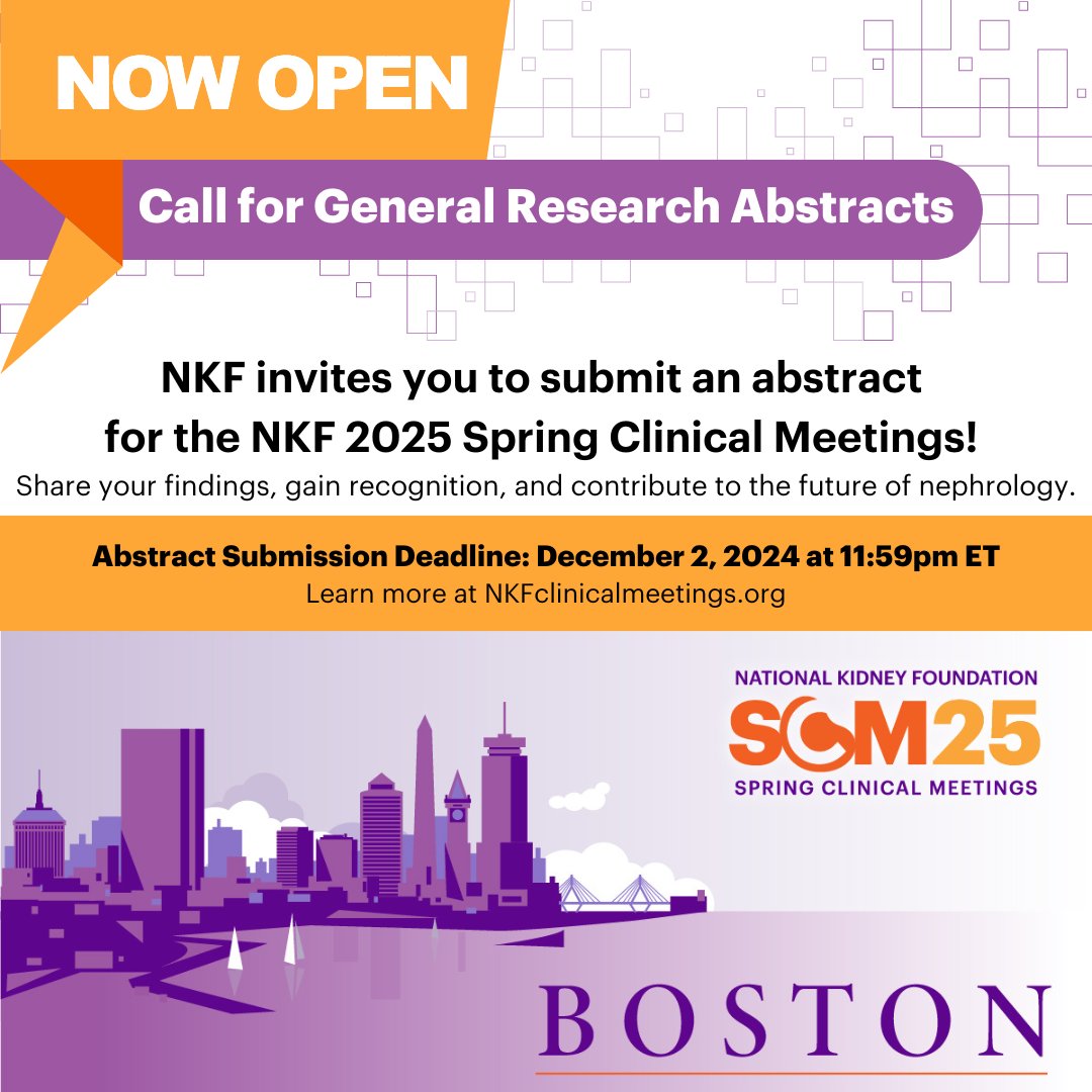 NKF Nephrology Professionals (@nkf_nephpros) on Twitter photo π
 Mark your calendarsβ12/2 @ 11:59pm ET is the deadline for #CallforAbstracts!
Submit your research for #NKFClinicals SCM25 and be a part of advancing #nephrology care.
Learn more: bit.ly/2K7hyva
Submit now: bit.ly/3yNsNlY π
 Mark your calendarsβ12/2 @ 11:59pm ET is the deadline for #CallforAbstracts!
Submit your research for #NKFClinicals SCM25 and be a part of advancing #nephrology care.
Learn more: bit.ly/2K7hyva
Submit now: bit.ly/3yNsNlY
