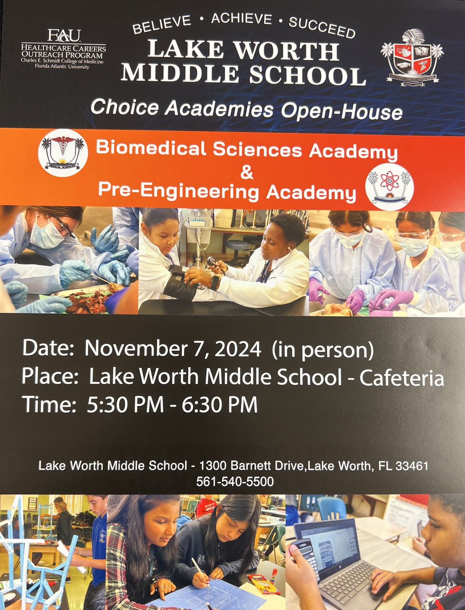 LWMSWarriors's tweet photo. Tomorrow is Choice Program Night at Lake Worth Middle! 🎉 Discover our unique programs and exciting opportunities for students. Join us in the cafeteria from 5:30 to 6:30 PM! #ChoiceProgram #LakeWorthMiddle #WarriorPride @CaelethiaTaylor @AP_Makowski @ExpatEducatorTJ @LaquandraGolf