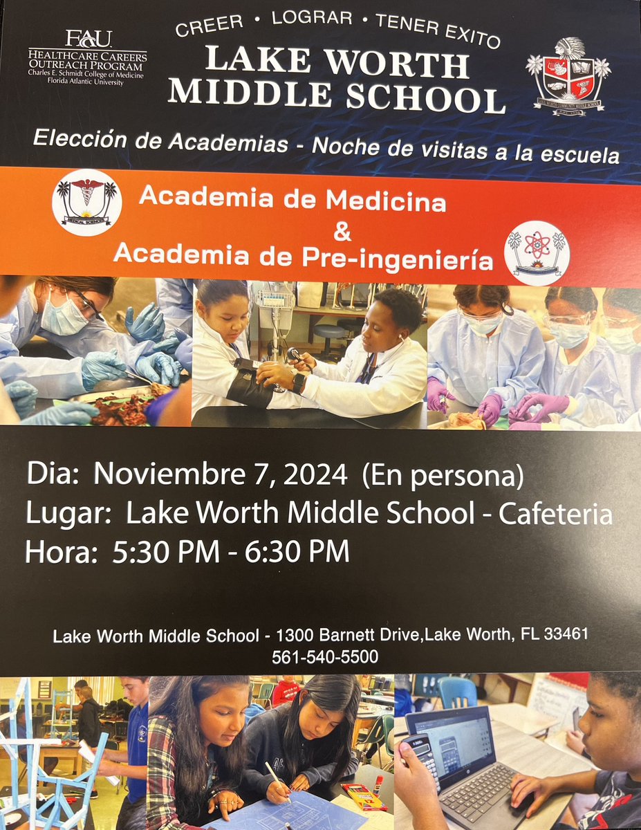 LWMSWarriors's tweet photo. Tomorrow is Choice Program Night at Lake Worth Middle! 🎉 Discover our unique programs and exciting opportunities for students. Join us in the cafeteria from 5:30 to 6:30 PM! #ChoiceProgram #LakeWorthMiddle #WarriorPride @CaelethiaTaylor @AP_Makowski @ExpatEducatorTJ @LaquandraGolf