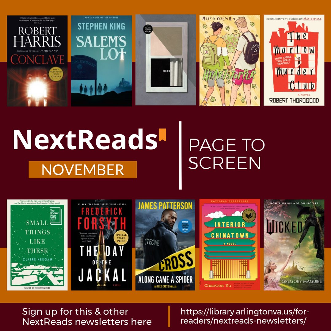 Do you get our NextReads newsletters? 

We send out monthly emails with the latest titles and backlist gems. We recently sent out our NEW Page to Screen list. 

Did you get it? 

Sign up for your favorite genres, topics, and age ranges today! 
 
library.arlingtonva.us/explore/for-re…
