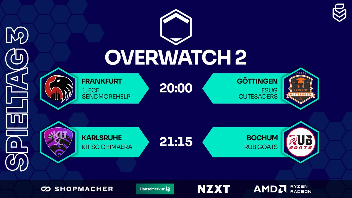 Uniliga (@uniligagg) on Twitter photo 🚨OVERWATCH 3. SPIELTAG🚨
🕗️20:00 Uhr - Overwatch 2 - 3. Spieltag
📺️twitch.tv/uniliga_aim
⚔️<a href="/1ECFrankfurt/">1. Esport Club Frankfurt e.V.</a> vs. <a href="/esugesports/">Esport Union Göttingen</a>
⚔️<a href="/kitscesports/">KIT SC eSports</a> vs. <a href="/GoatsRub/">RUB Goats | Official Overwatch Team Account</a>
🎬️<a href="/Cinzzya/">Cinzya</a>
🎥<a href="/Pimpoluxe/">Pimpo</a>
🎙️<a href="/RoyalTZZZ/">Royal</a> & <a href="/darmancast/">Daniel 'Darman' Kentsch</a> 🚨OVERWATCH 3. SPIELTAG🚨
🕗️20:00 Uhr - Overwatch 2 - 3. Spieltag
📺️twitch.tv/uniliga_aim
⚔️<a href="/1ECFrankfurt/">1. Esport Club Frankfurt e.V.</a> vs. <a href="/esugesports/">Esport Union Göttingen</a>
⚔️<a href="/kitscesports/">KIT SC eSports</a> vs. <a href="/GoatsRub/">RUB Goats | Official Overwatch Team Account</a>
🎬️<a href="/Cinzzya/">Cinzya</a>
🎥<a href="/Pimpoluxe/">Pimpo</a>
🎙️<a href="/RoyalTZZZ/">Royal</a> & <a href="/darmancast/">Daniel 'Darman' Kentsch</a>