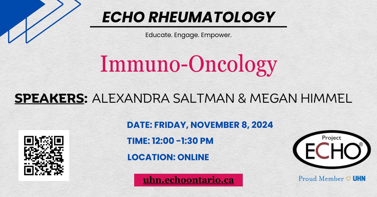 ECHO_UHN's tweet photo. Join Dr. Alex Saltman and Dr. Megan Himmel, for a didactic presentation on Immuno-Oncology.
📅 Friday, November 8, 2024.
⏰12:00 – 1:30 PM.
REGISTER: https://t.co/fRCOj0kRcu
#ontario #rheumatology #ECHOatUHN #uhn #virtuallearning #education #healthcareON #CPD #CME https://t.co/OOeEMxwIZu