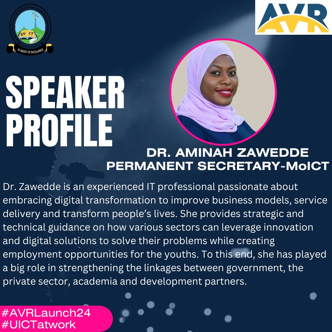 UICTug's tweet photo. Speaker 2: Dr. @azawedde, Permanent Secretary, @MoICT_Ug, an experienced IT professional passionate about #DigitalTransformation.
#AVRLaunch2024
#UICTatwork https://t.co/zteM8VzuMj