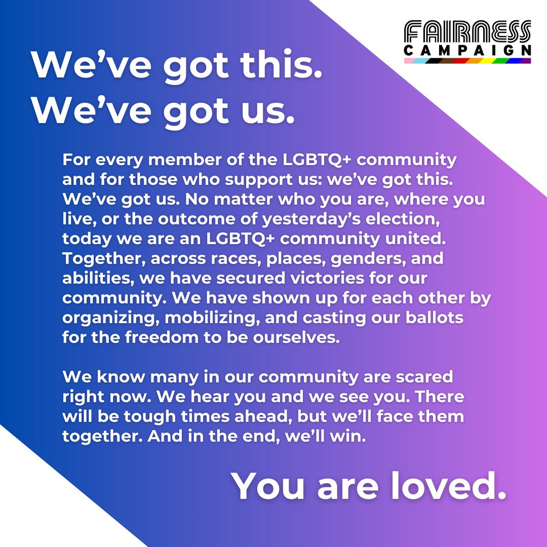 We’ve got this. We’ve got us. There will be tough times ahead, but in the end, we’ll win. Always remember, you are part of our community &amp; you are loved. 

If you are in crisis today, pls call @trevorproject - 1-866-488-7386 or TheTrevorProject.org. In KY, you can call 988. ❤️