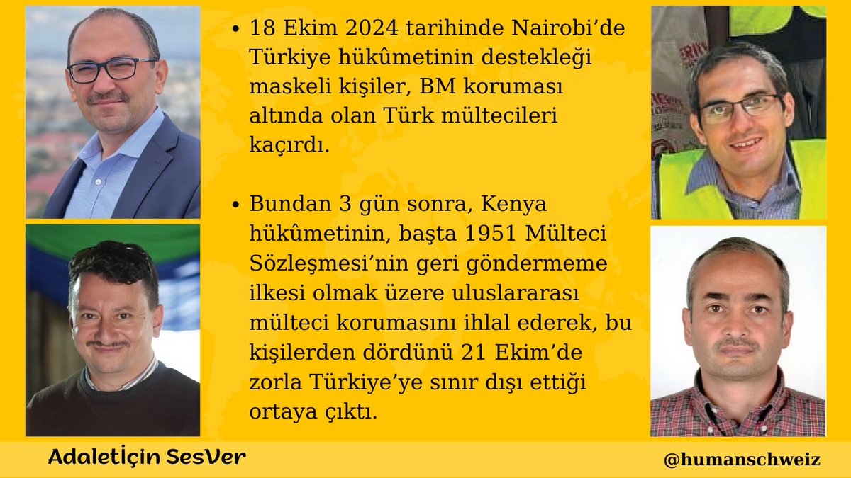 ✤ Geçen ay Kenya'da yaşayan 4 Türk vatandaşı bir sabah kimliği belirsiz kişiler tarafından kaçırıldı.
📌Bilgisayarcı Mustafa Genç
📌Mimar Hüseyin Yeşilsu
📌Türkçe öğretmeni Alparslan Taşçı
📌Meslek dersleri öğretmeni Öztürk Uzun

Adaletİçin SesVer
<a href="/adalet_bakanlik/">T.C. Adalet Bakanlığı</a>
<a href="/TC_Disisleri/">T.C. Dışişleri Bakanlığı</a>