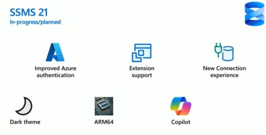 EitanBlumin's tweet image. Fresh from #PASS Community Summit 2024: 🔥🔥🔥

SSMS version 21 expected new features: ✨

64-bit support, Git and TFS integration, UI support for #AzureSQLDB logins

Extension support, Dark Theme 🌙, and #Copilot 🤖!

Amazing. Can&apos;t wait! 🤩

#Microsoft #SQLServer #MadeiraData