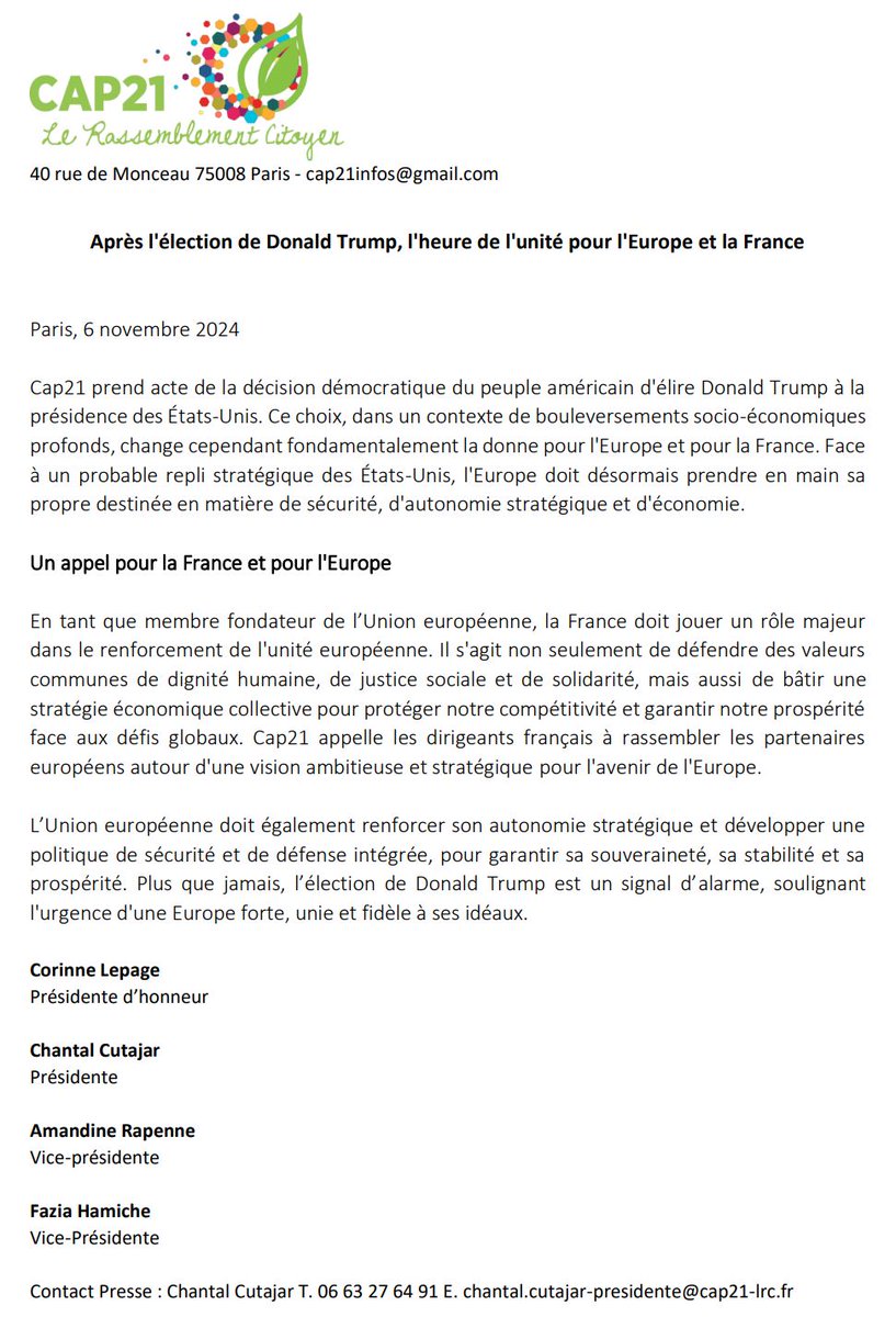 Cap 21 - Le Rassemblement Citoyen (@cap21_lrc) on Twitter photo Notre communiqué suite à l'élection de Donald Trump
Dans ce contexte de bouleversement climatique et socio-économique, Cap21-LRC appelle à une Europe plus forte, unie et fidèle à ses idéaux.
<a href="/corinnelepage/">Corinne Lepage</a> <a href="/CHANTALCUTAJAR/">CHANTAL CUTAJAR</a> <a href="/AmandineRapenne/">Amandine Rapenne</a> Notre communiqué suite à l'élection de Donald Trump
Dans ce contexte de bouleversement climatique et socio-économique, Cap21-LRC appelle à une Europe plus forte, unie et fidèle à ses idéaux.
<a href="/corinnelepage/">Corinne Lepage</a> <a href="/CHANTALCUTAJAR/">CHANTAL CUTAJAR</a> <a href="/AmandineRapenne/">Amandine Rapenne</a>