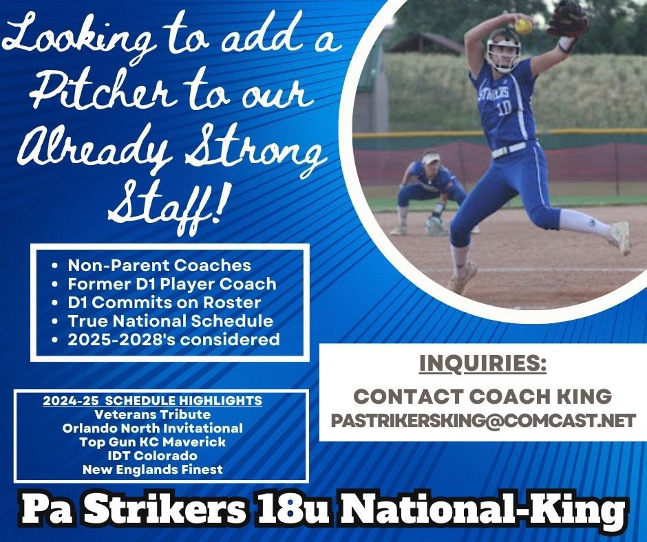 Pastrikers06's tweet photo. Open practice tonight 6th &amp; 13th at the Snake Pit from 6-8pm.  Open to all athletes that are interested in the Strikers.   
We do have an opening for the right pitcher and always looking for pure athletes. Great opportunity &amp; schedule playing against the top teams in the nation! https://t.co/h1zDE3T7UP