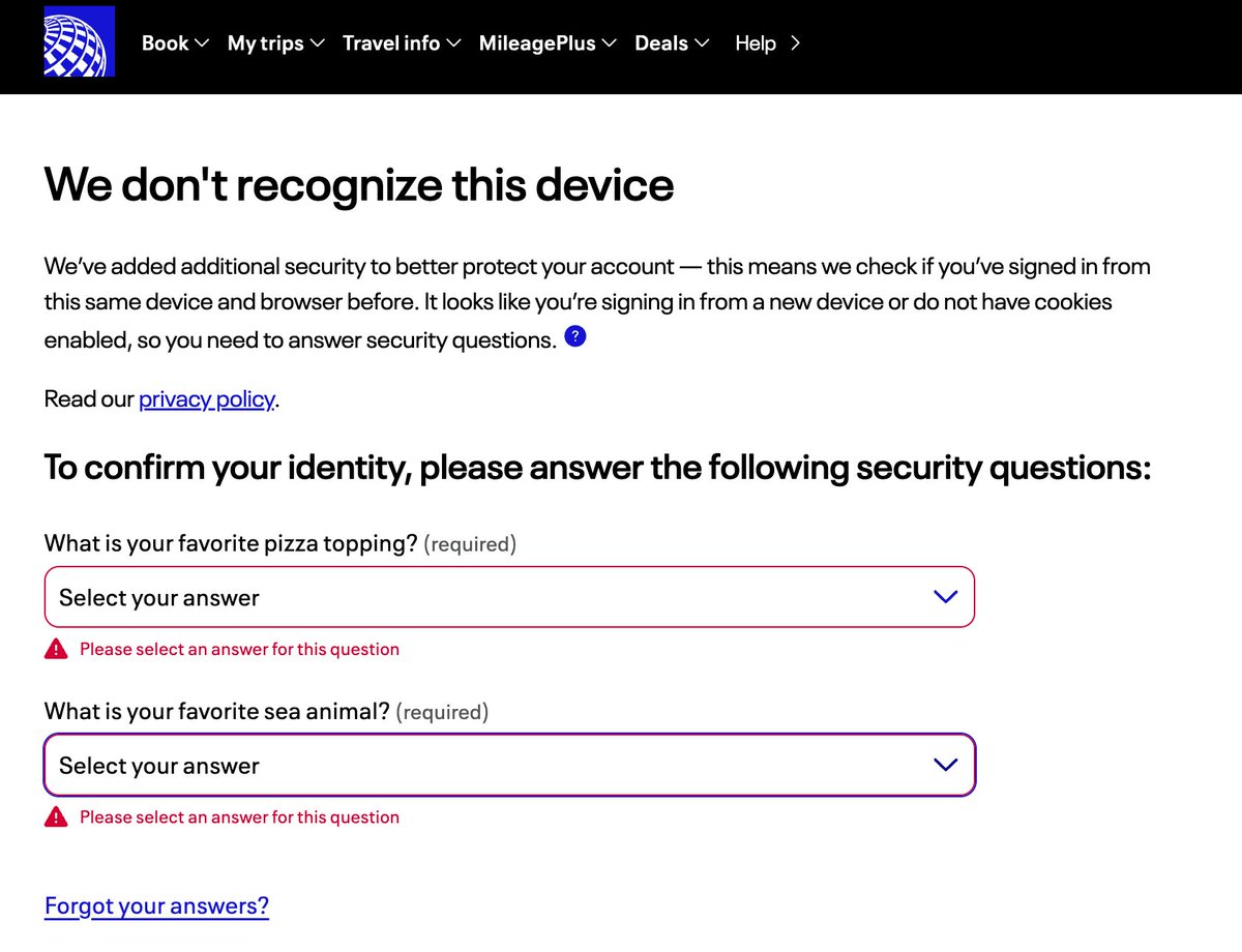 Does <a href="/united/">United Airlines</a>  really expect me to come up with a fake "favorite sea animal" and remember it months later?