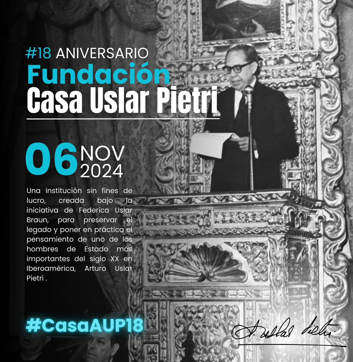 aecarri's tweet photo. Hoy @casauslarpietri llega a su mayoría de edad. Nuestros primeros 18 años de estudio, promoción y acción sobre el legado del más grande intelectual venezolano del siglo XX: Arturo Uslar Pietri. #CasaAUP18 ¡Seguimos! https://t.co/F2nPI2NHdT