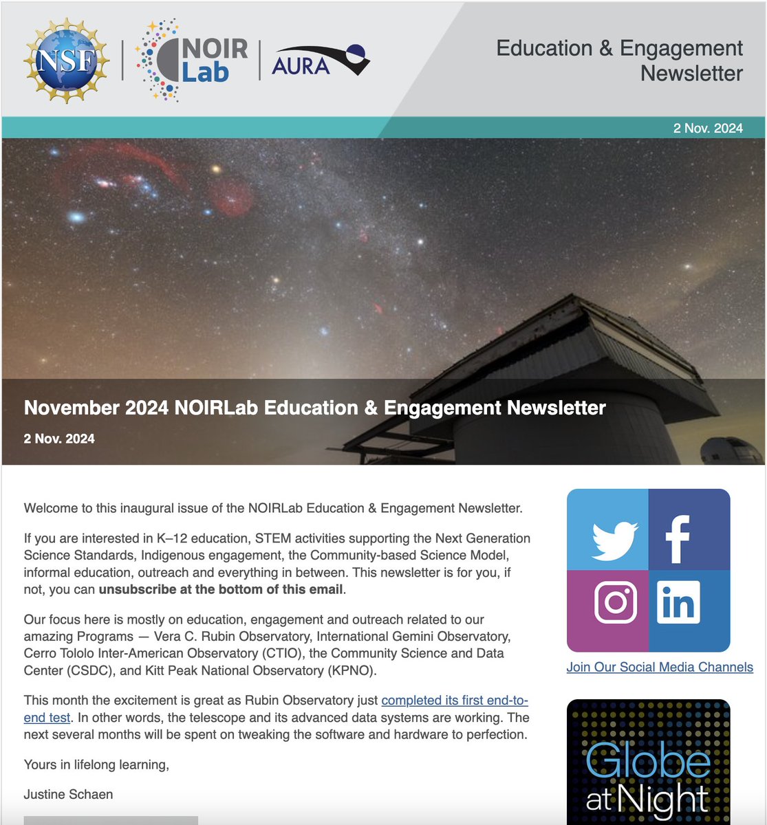 NOIRLabAstro's tweet image. 📚✨Attention teachers! 🎉 We’re thrilled to launch our NEW Education and Engagement Newsletter just for YOU! 🌟 Dive into our educational programs, events & training tailored to K–12 education. If you love STEM this is your go-to source! 🧩💡Subscribe: noirlab.edu/public/subscri…