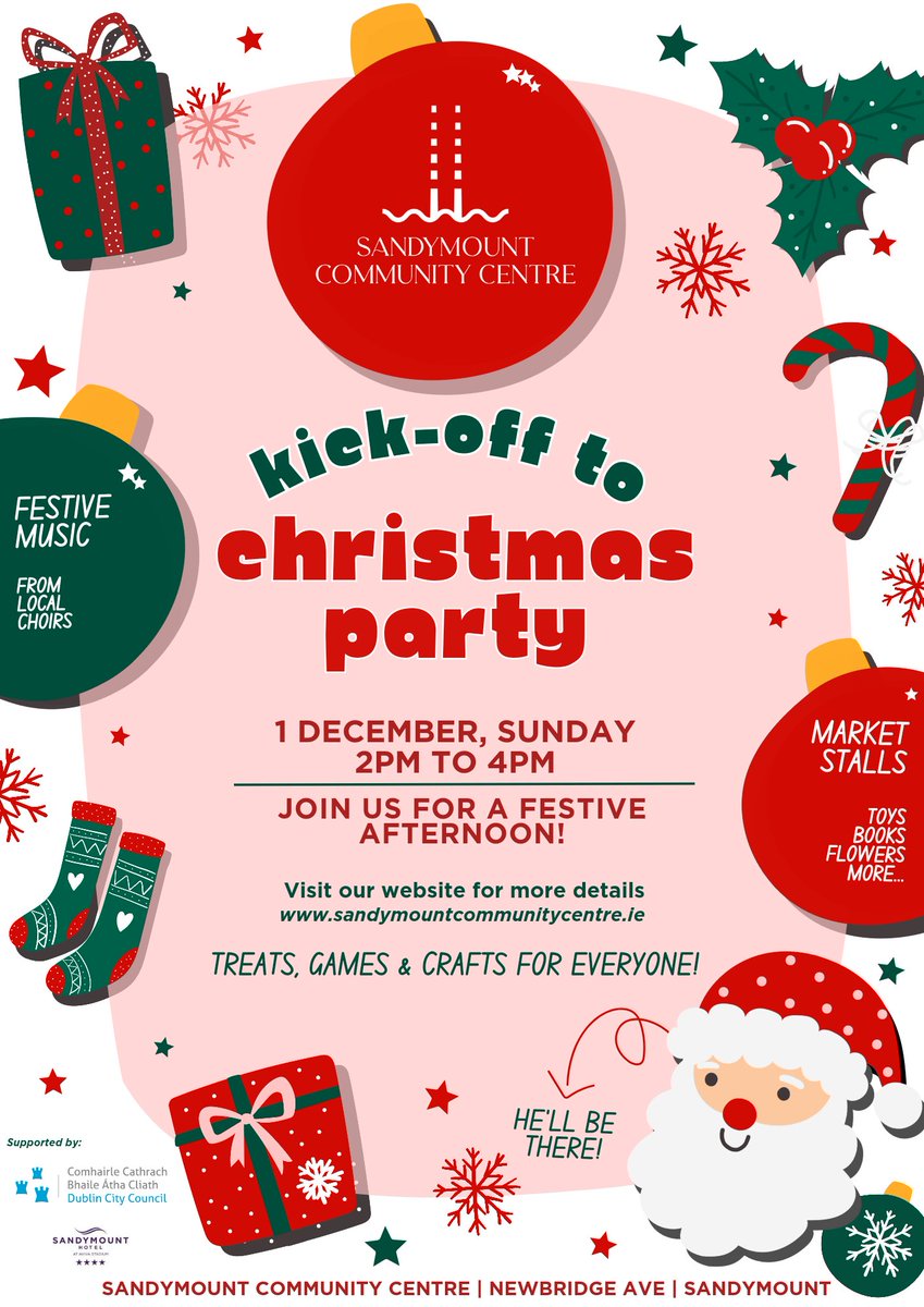 🎄 Join us for the Sandymount Community Centre Christmas Party!
🗓 1st Dec, Sunday
⏰ 2-4 PM
📍 Sandymount Community Centre
Enjoy festive music, treats, games, crafts, and market stalls!Plus, Santa will be there info:sandymountcommunitycentre.ie #ChristmasParty #Sandymount #HolidayFun