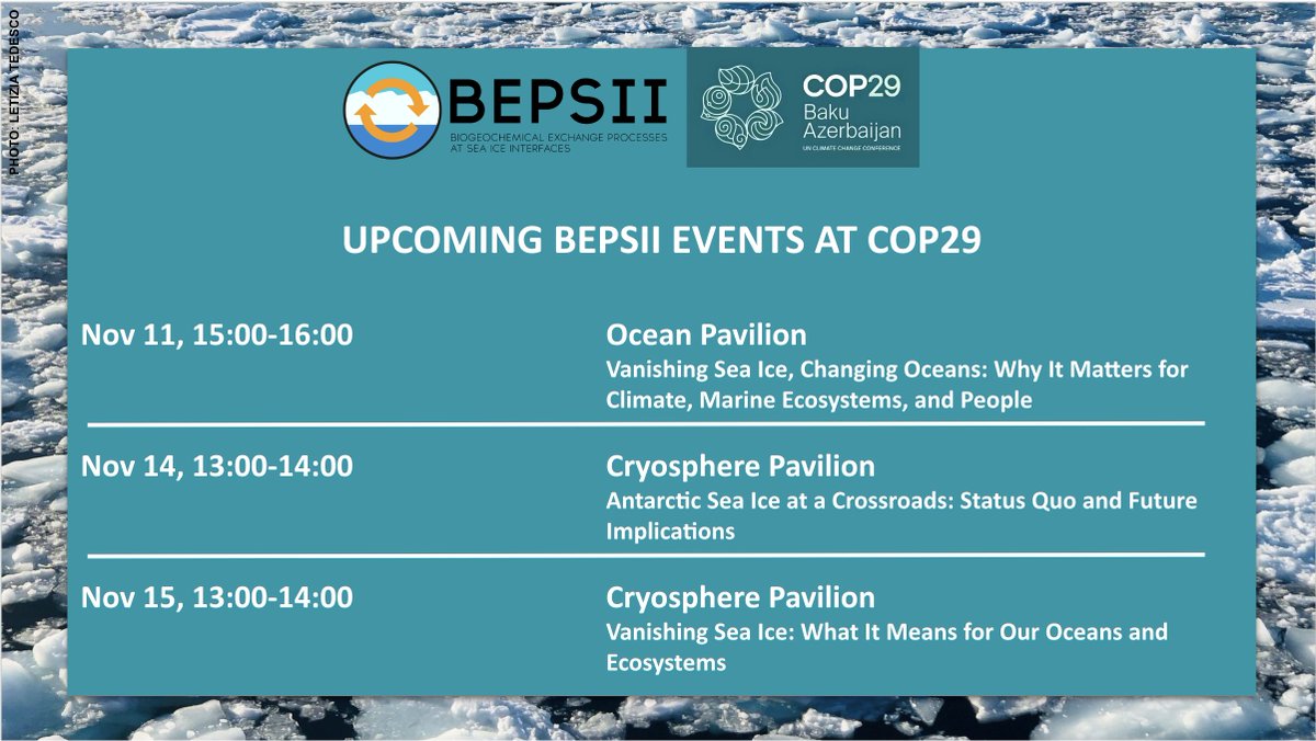 BEPSII is at <a href="/COP29_AZ/">COP29 Azerbaijan</a>!

Join <a href="/leti_polar/">Letizia Tedesco</a> <a href="/j_stefels/">Jacqueline Stefels</a> <a href="/arndt_st/">Stefanie Arndt</a>  <a href="/JosephineZRapp/">Josephine Z. Rapp</a> <a href="/drsianhenley/">Sian Henley</a> <a href="/MarcelloVichi/">Marcello Vichi</a> @RobbieMallett as they present and discuss the crucial role that sea ice plays for climate stability, ecosystem functioning, and people.   

#COP29

🙏 <a href="/ICCInet/">International Cryosphere Climate Initiative</a> <a href="/CliC_WCRP/">Climate & Cryosphere</a>