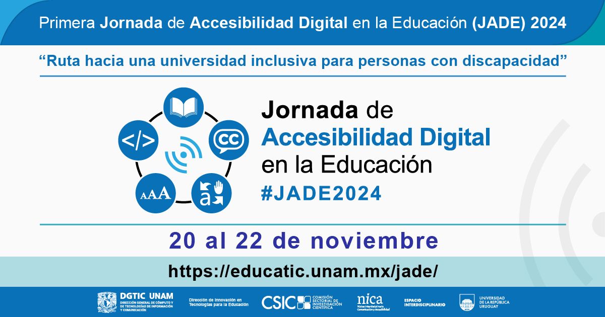 UNAMdigital's tweet photo. ¡Comparte tus conocimientos, conecta con expertos y contribuye a una educación más inclusiva! 👩💻 ♿
¡Tienes hasta el 8 de noviembre para presentar tu trabajo y ser parte de #JADE2024!
Consulta las bases en 👉 https://t.co/qrJdpOWwIk https://t.co/3loW3YDw0K