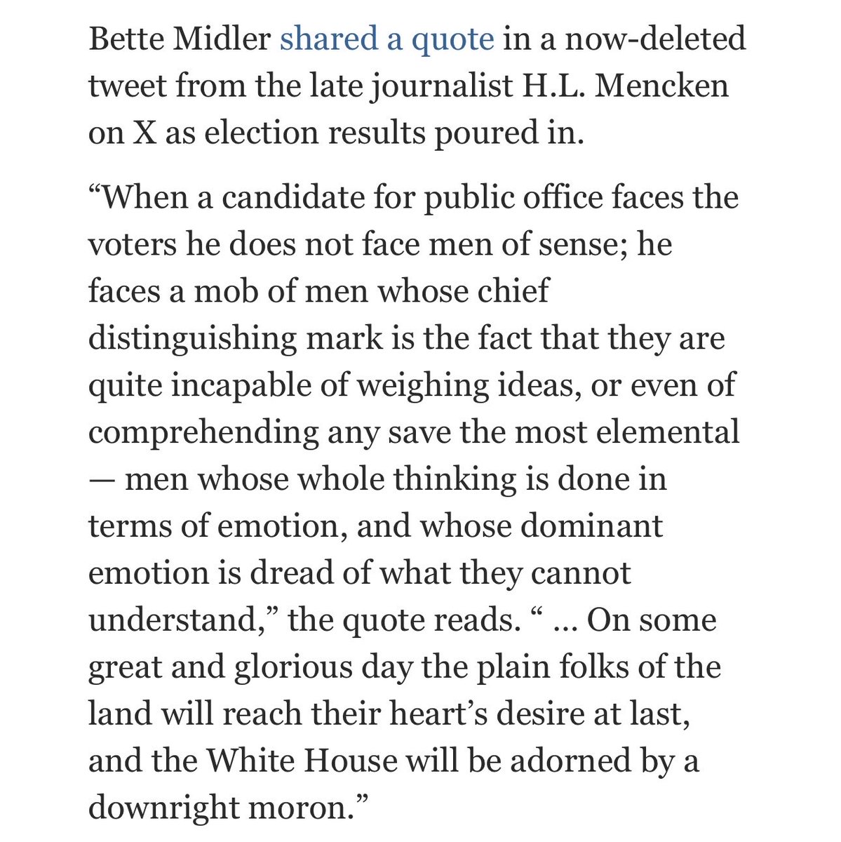 JeffSchwager10's tweet image. Not sure why #BetteMidler deleted this. It perfectly captures this #MourningInAmeriKKKa. #Mencken