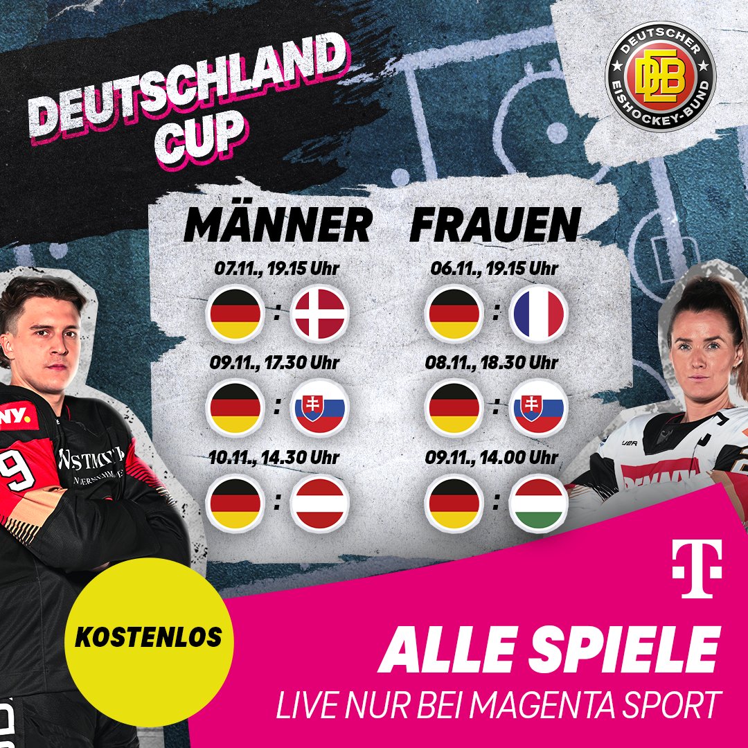 Alle Spiele des Deutschland Cups LIVE &amp; KOSTENLOS nur bei #MagentaSport!
📺 magentasport.de/aktion/deb-live