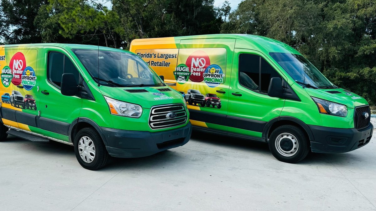 mullinax_ford's tweet photo. Check out our new Mullinax vans! Beep and wave when you see us on the road! 👋 With huge inventory, Low Upfront® Pricing, and no dealer fees, we’re rolling out deals all across Florida! #MullinaxFord #OnTheMove #NoDealerFees #BeepAndWave https://t.co/DVFfG6IA9k