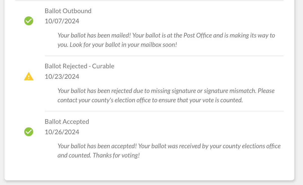 Anyone else get a ballot rejection email from BallotTrax? Mine claimed a missing or mismatched signature and said I'd get it back to fix in 7 days. I waited but got nothing—then saw an email in spam saying my ballot was accepted and counted. Who ‘fixed’ my signature? Feels off 🫠