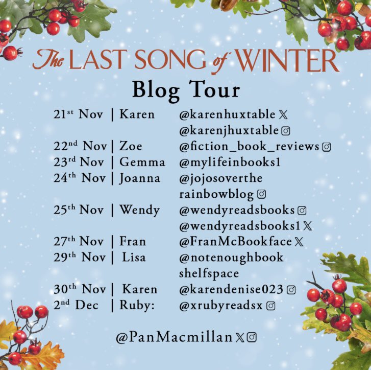 Wendyreadsbooks (@wendyreadsbook1) on Twitter photo So excited to be part of this for #TheLastSongOfWinter by <a href="/MissLuluTaylor/">Lulu Taylor</a>
Thanks to Maya <a href="/booksbybluebird/">Bluebird Books</a> <a href="/panmacmillan/">Pan Macmillan</a> ❤️ So excited to be part of this for #TheLastSongOfWinter by <a href="/MissLuluTaylor/">Lulu Taylor</a>
Thanks to Maya <a href="/booksbybluebird/">Bluebird Books</a> <a href="/panmacmillan/">Pan Macmillan</a> ❤️