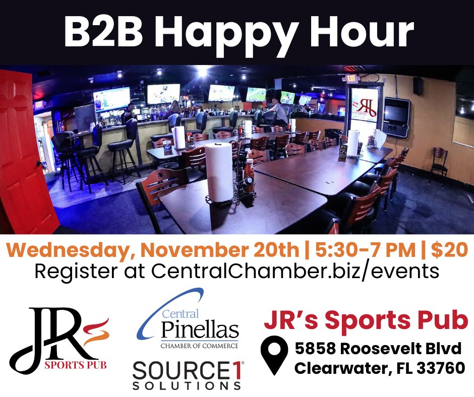 Have you visited new Chamber member, JR's Sports Pub? Join us there on November 20th for a happy hour and to network with other local professionals!

Register at CentralChamber.biz/Events