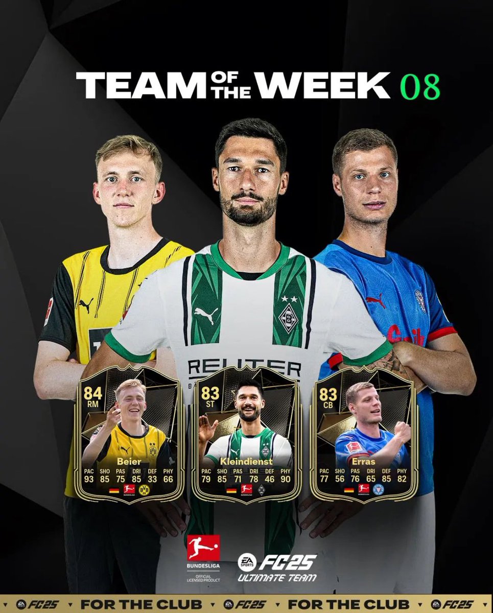 FussballBR's tweet photo. 🇩🇪 𝗧𝗜𝗠𝗘 𝗗𝗔 𝗦𝗘𝗠𝗔𝗡𝗔! 🎮
Três jogadores da #Bundesliga estão no “Team of The Week 08” do Ultimate Team no game EA #FC25:
🇩🇪 Maximilian #Beier (BVB)
🇩🇪 Tim #Kleindienst (BMG)
🇩🇪 Patrick #Erras (KSV) https://t.co/pu09cKx2yu