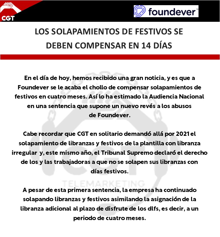CGTfoundeverSVQ's tweet photo. Se declara el derecho de la plantilla que no tiene un régimen de descanso fijo a disfrutar la libranza de los días festivos en la misma fecha de efeméride y los días de descanso semanal en un periodo no superior a 14 días. https://t.co/iD0TKuCwIr