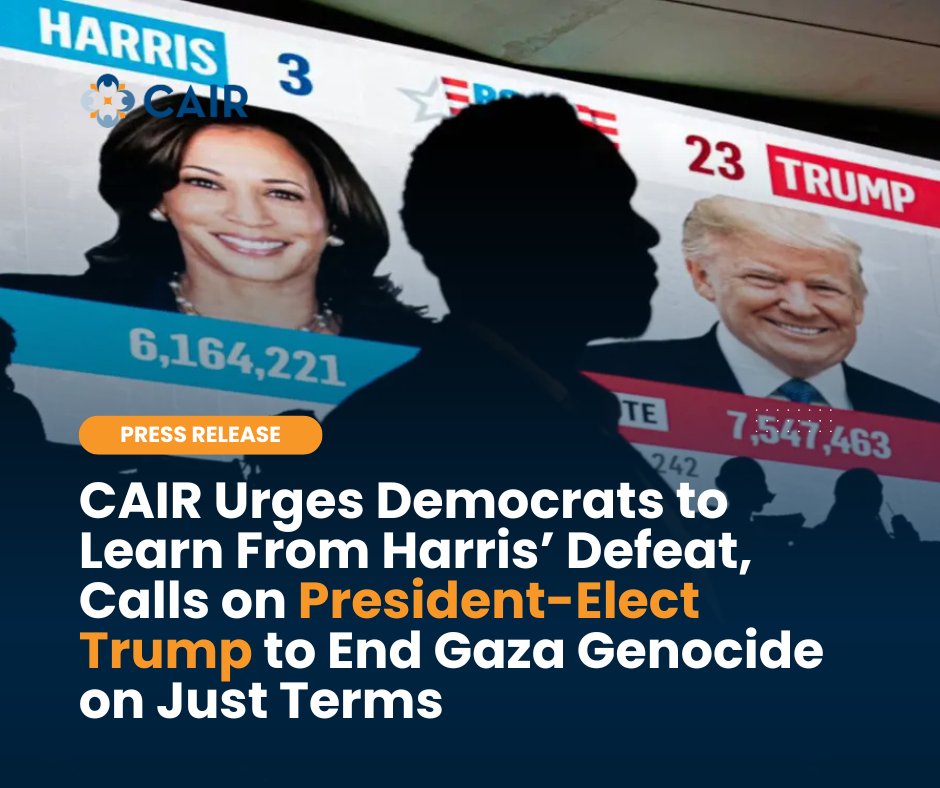 CAIR commends American Muslim voters who made their voices heard in races up and down the ballot despite disillusionment and disagreement with both major parties due to the Gaza genocide. No matter who you supported, your voice mattered.

We call on Democratic elected officials