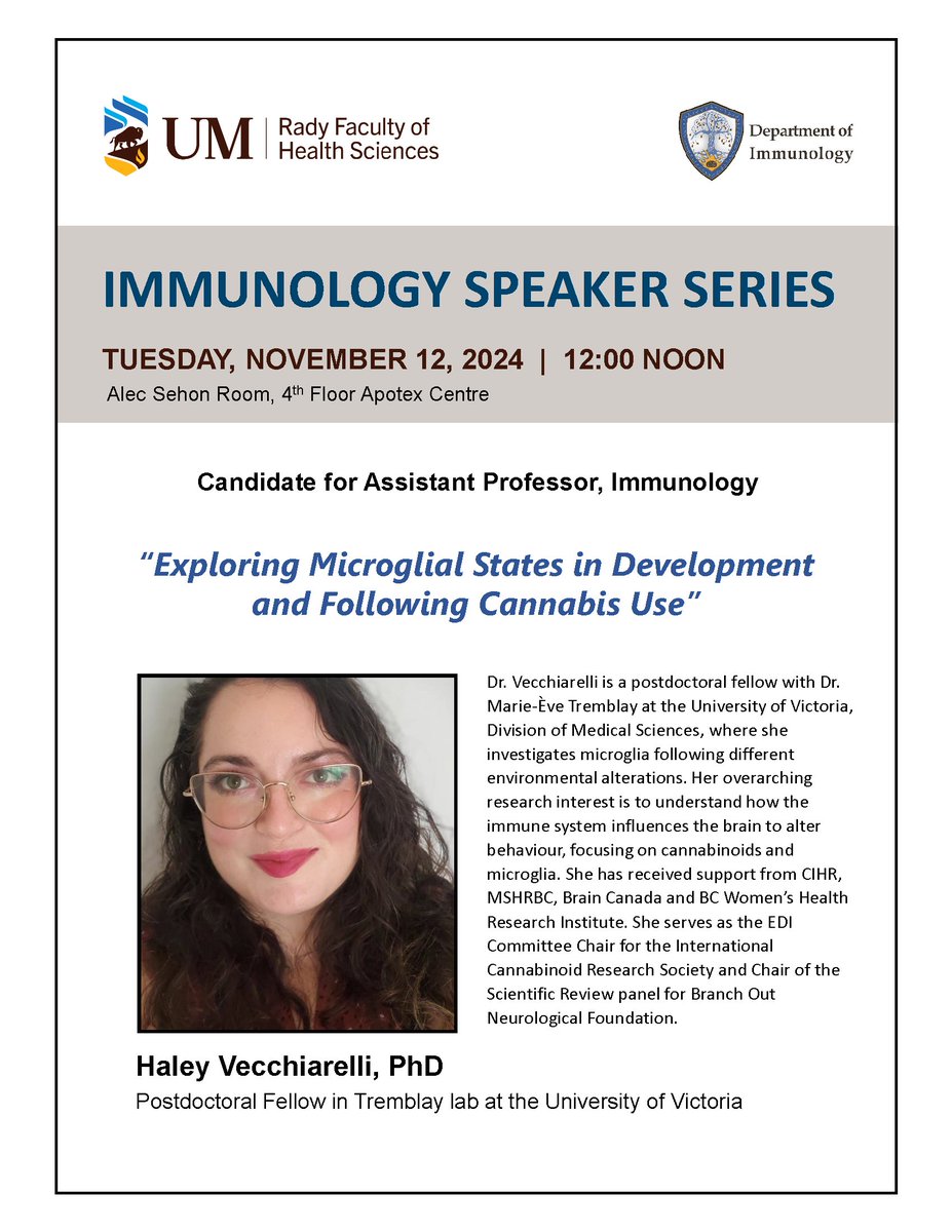 UM_Immu's tweet photo. Join us next week for Immunology Faculty Candidate @haleyv from @LaboTremblay.  We look forward to hearing about Microglial Stages.
@UM_RadyFHS    @um_research   @umanitobasci https://t.co/IzbLqjgnGr
