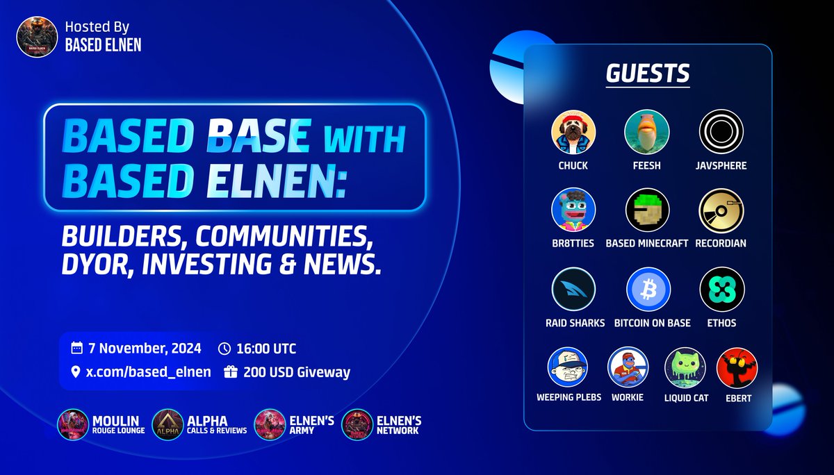 🎙BASED BASE with BASED ELNEN🎙
🔹THURSDAY 7.11. 16:00 UTC⌛️

💵GIVEAWAY -> 200 USD💵

🧾RULES👇
1️⃣ LIKE &amp; RETWEET.
2️⃣ TAG 2 FRIENDS.
3️⃣ FOLLOW <a href="/based_elnen/">Based Elnen</a>
4️⃣ JOIN SPACES👉x.com/i/spaces/1dRKZ…

<a href="/BTC_On_Base/">Bitcoin on Base</a> <a href="/CHUCK_on_Base/">CHUCK</a> <a href="/feeshcoin/">feesh</a>📈