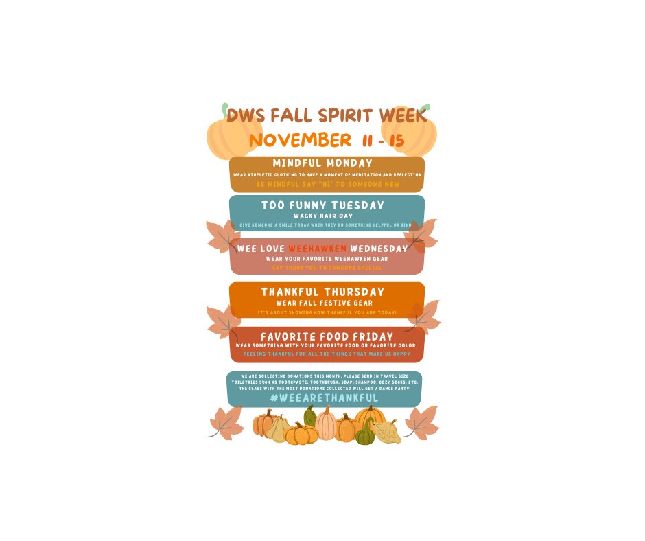Jenna DeBari (@weeguidancewtsd) on Twitter photo The November word of the month is Thankfulness. The more we practice thankfulness, the more we will have to be thankful for! At DWS, donations will be collected all month. The class with the most donations will celebrate with a dance party! <a href="/WeehawkenTSD/">Weehawken Schools</a> The November word of the month is Thankfulness. The more we practice thankfulness, the more we will have to be thankful for! At DWS, donations will be collected all month. The class with the most donations will celebrate with a dance party! <a href="/WeehawkenTSD/">Weehawken Schools</a>