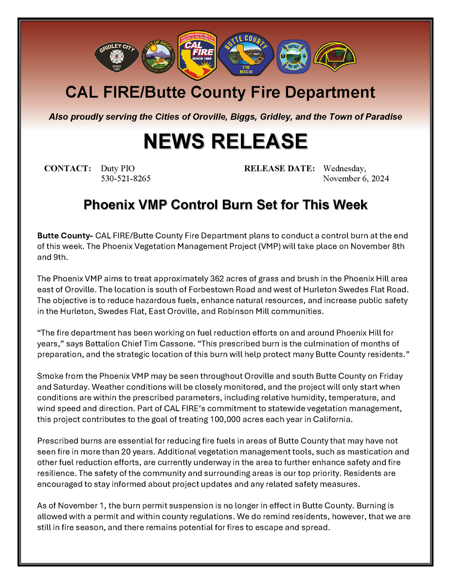 CALFIRE_ButteCo's tweet image. CAL FIRE/Butte County Fire Department is planning a control burn off Forbestown Road east of Oroville this Friday and Saturday. See the news release for details. #PhoenixVMP