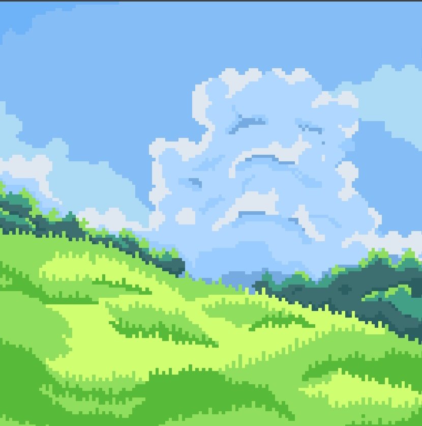Estoy a tope con el tema pixel art, dejo por aquí un paisaje rápido que he hecho 
(Quien dice rápido dice 45')