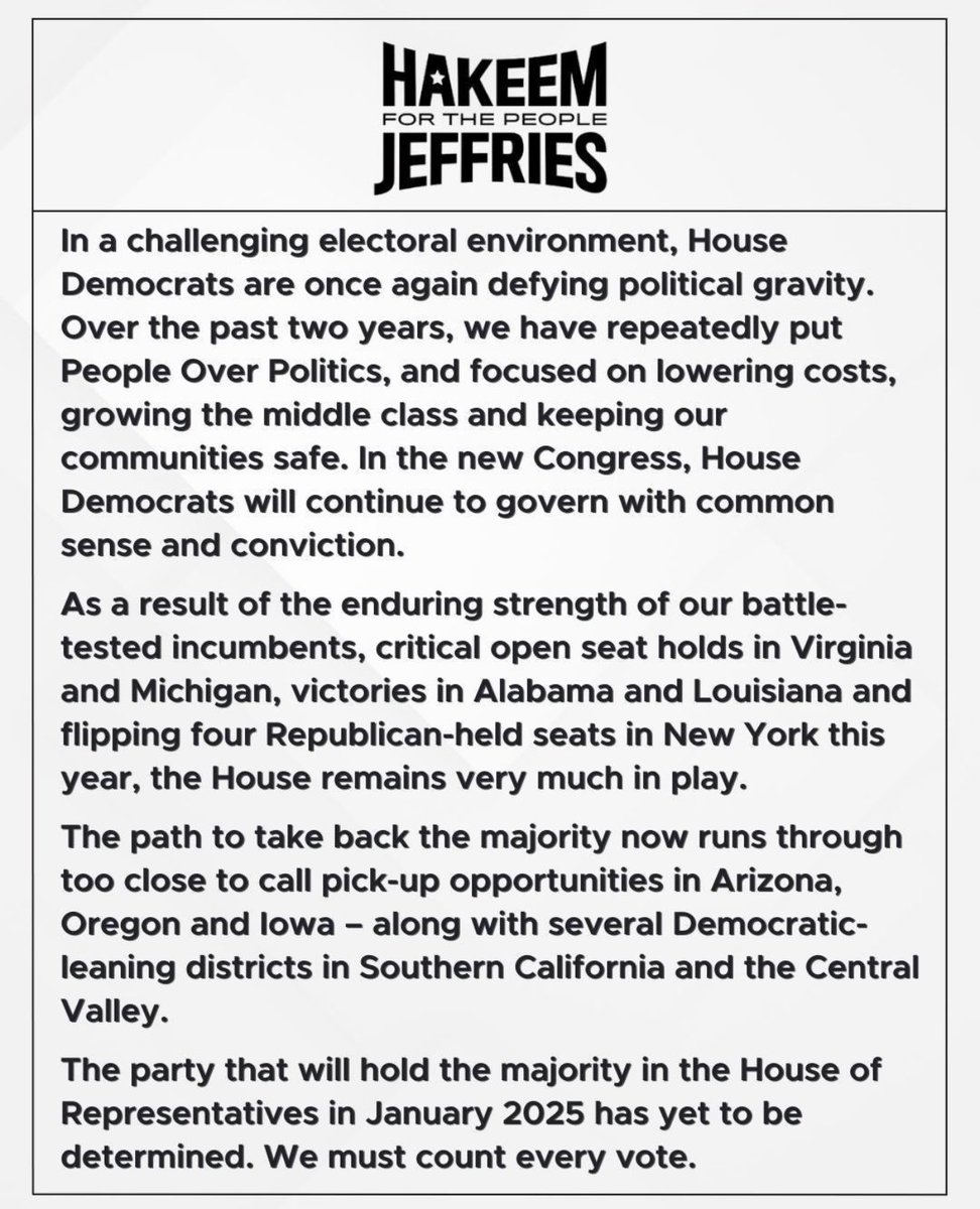 Statement on Control of the House of Representatives in 2025.