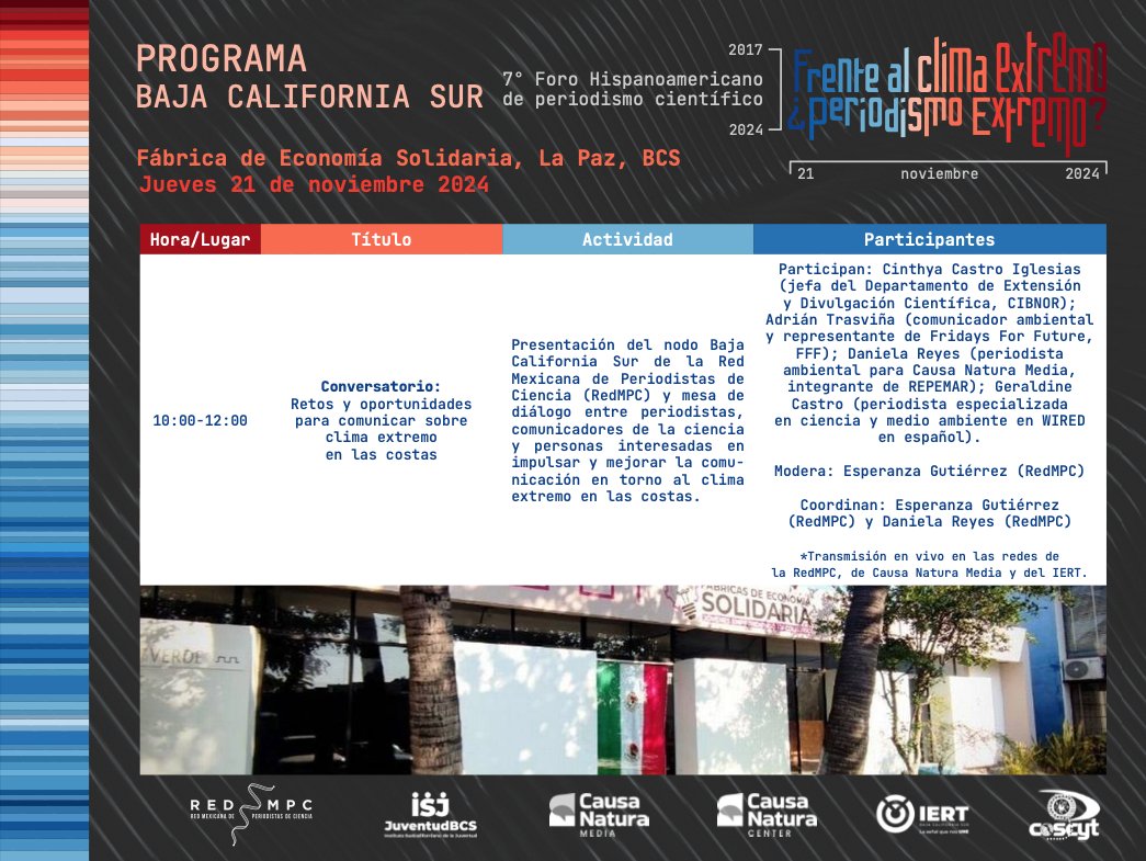 red_mpc's tweet photo. ¡El #ForoHPC2024 llegará a #BajaCaliforniaSur!
El jueves 21/nov tendremos la presentación del #NodoBCS y habrá un conversatorio sobre los retos y las oportunidades para comunicar de clima extremo EN LAS COSTAS. https://t.co/yjBtIAAEjd