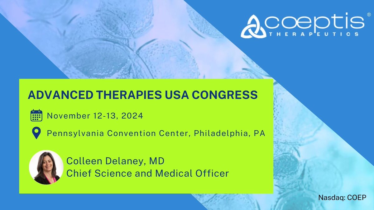 Looking forward to the <a href="/AdTherapiesConf/">AdTherapiesCongress</a> next week! Our CSO/CMO Colleen Delaney, MD will attend and present.

• Conference date: November, 12-13, 2024
• Location: Pennsylvania Convention Center, Philadelphia, PA

More information here: bit.ly/4dOCTkM $COEP