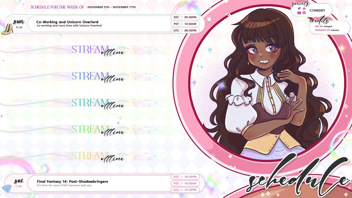 SCHEDULE DROP 📩
November 4th - 11th 
 
I’m more active over on 🦋, but we’re going to stream this weekend. I’ve informed folks within Discord and been checking in with loved ones, but please do what you need right now. 

Happy to hold space. 
Take it easy. 💖