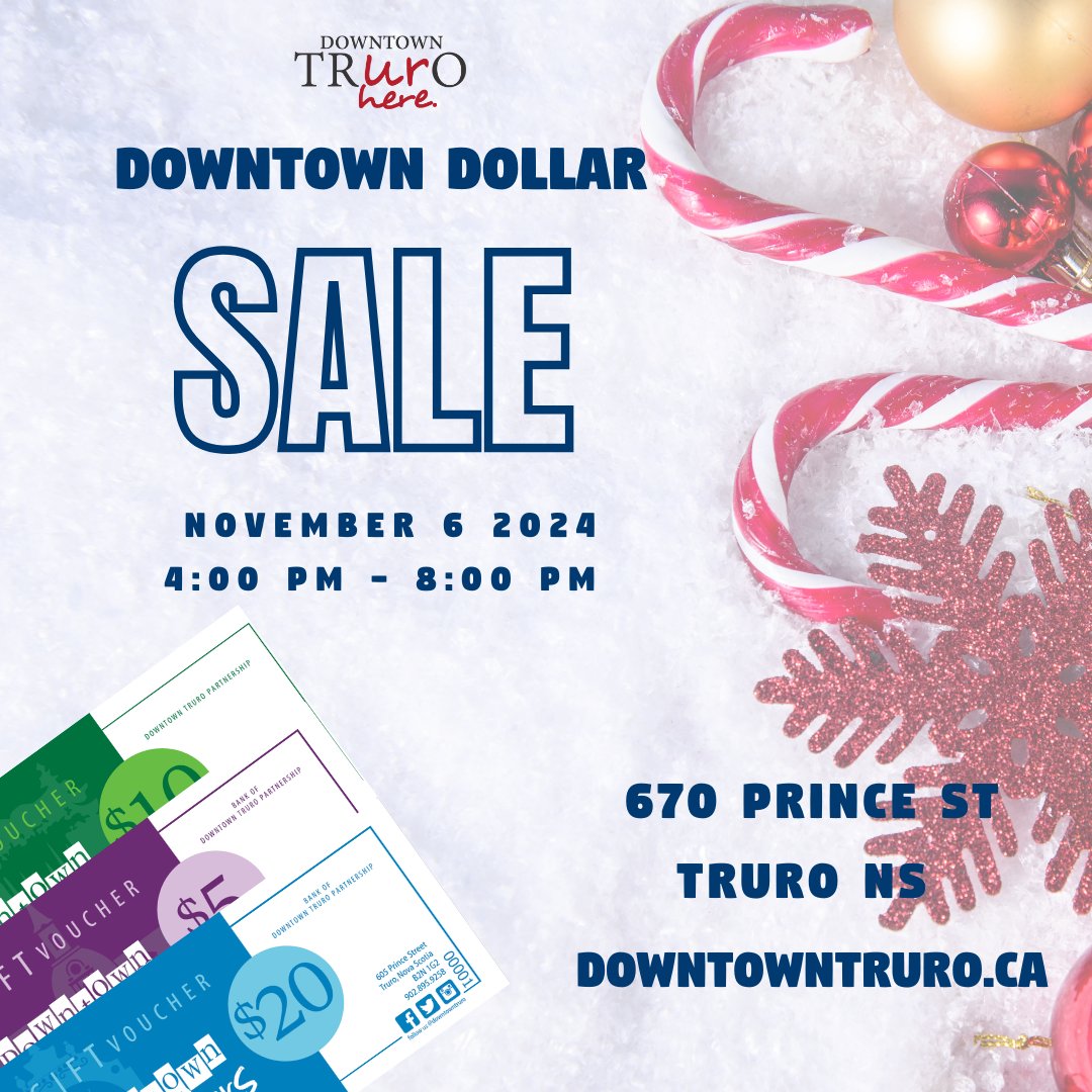 Get Ready for Downtown Dollars Sale Day TODAY!📷
Join us on Wednesday, November 6th, from 4:00 PM to 8:00 PM (or until they’re gone!) at the Downtown Truro Partnership office, 670 Prince Street.
📷 Snag your Downtown Dollars at 15% OFF! For just $170, grab a $200 package!