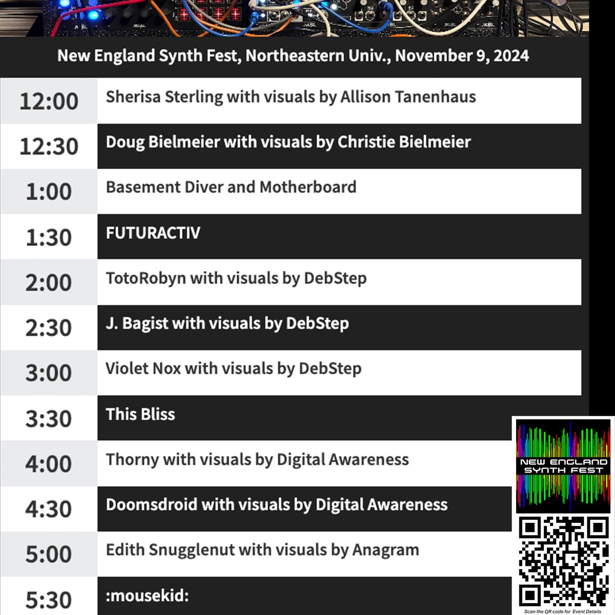 Doug Bielmeier (@dougbielmeier) on Twitter photo Saturday 11/9 from Noon-6pm, <a href="/NESynthFest/">New England Synthesizer Festival</a> <a href="/Northeastern/">Northeastern U.</a> and <a href="/NUMUSICDEPT/">Northeastern U. Music</a>
Lectures, Synth Petting Zoo, Jam Room and...
Audio /Video Performances by:
<a href="/atanenhaus/">allison tanenhaus</a>
<a href="/DougBielmeier/">Doug Bielmeier</a>
@biels4reals
@violetnoxband
<a href="/thisblissmusic/">This Bliss</a>
@digital__awareness
@doomsdroid
And more... Saturday 11/9 from Noon-6pm, <a href="/NESynthFest/">New England Synthesizer Festival</a> <a href="/Northeastern/">Northeastern U.</a> and <a href="/NUMUSICDEPT/">Northeastern U. Music</a>
Lectures, Synth Petting Zoo, Jam Room and...
Audio /Video Performances by:
<a href="/atanenhaus/">allison tanenhaus</a>
<a href="/DougBielmeier/">Doug Bielmeier</a>
@biels4reals
@violetnoxband
<a href="/thisblissmusic/">This Bliss</a>
@digital__awareness
@doomsdroid
And more...
