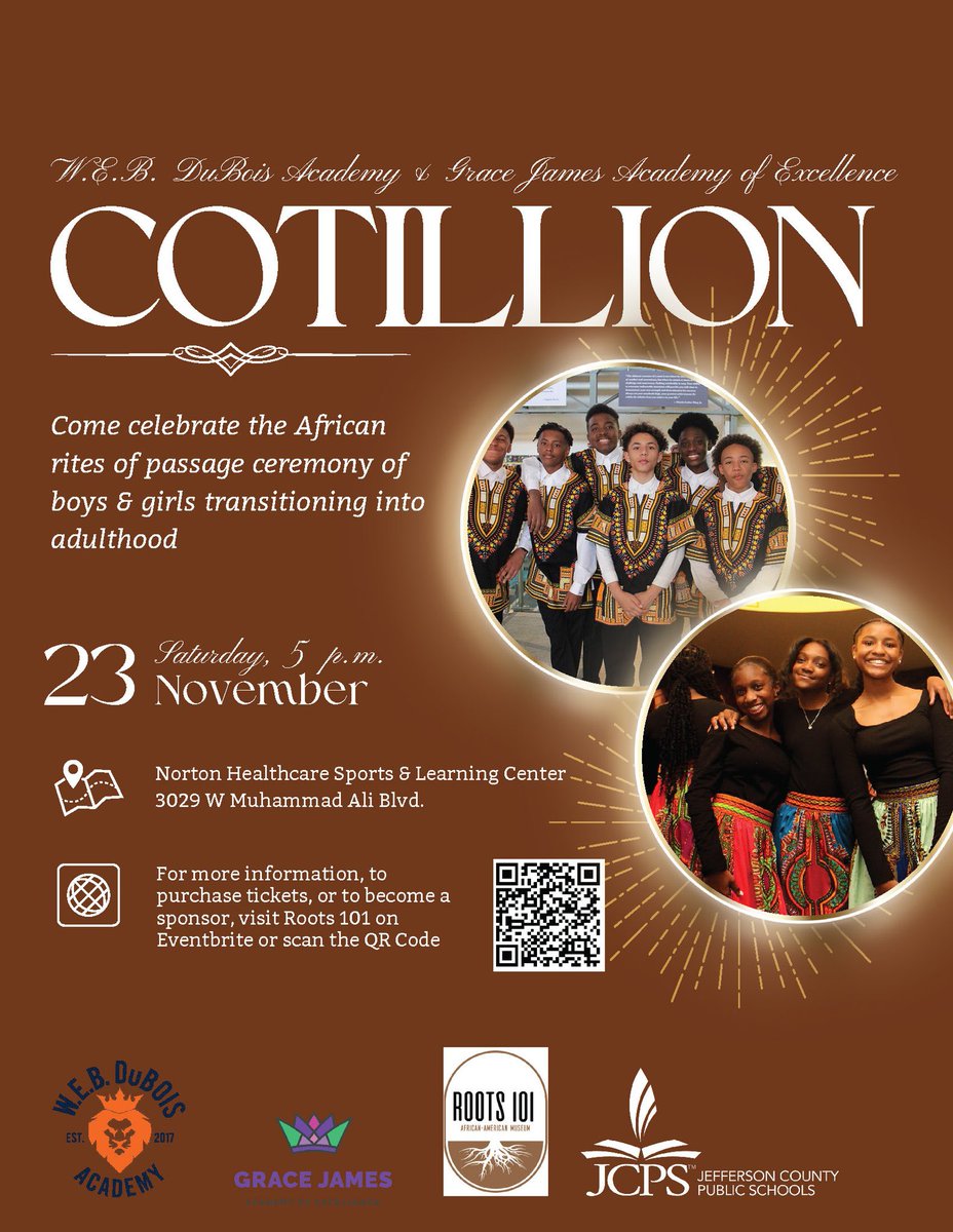 Save the date! Join us on November  23rd at 5 p.m. at the Norton Sports &amp; Learning Center for our 2nd annual W.E.B. Dubois &amp; Grace James Academy Cotillion! 

Scan the QR for more info!