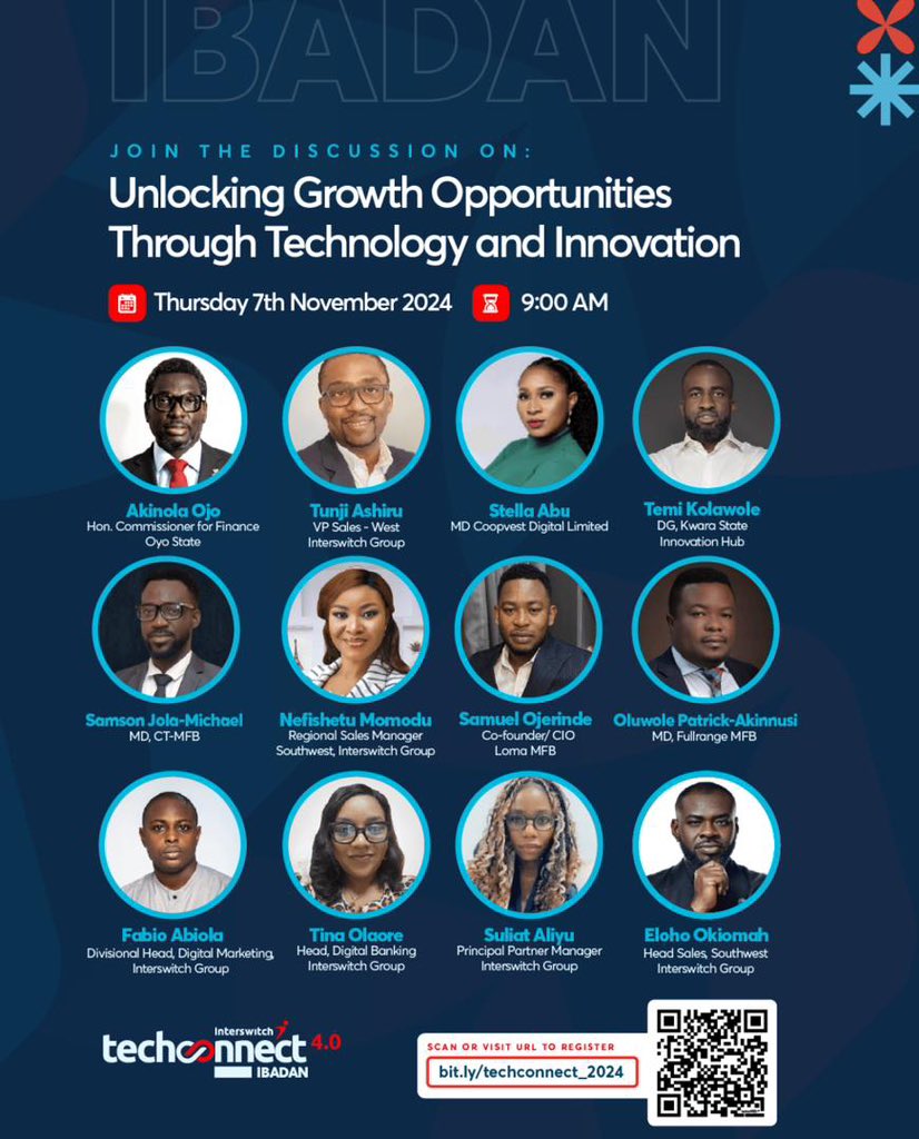 temikeezy's tweet image. I’ll be speaking at Interswitch @InterswitchGRP TechConnect 4.0 in Ibadan tomorrow. I’ll be joining some of the brightest minds to break down how tech and innovation can drive real growth. Register through the link or QR code to join the conversation #TechConnect2024 #Innovation